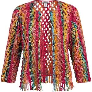 Vtg JL Studio Jessica London Multi Color Crochet Fringe 100% Cttn Jacket 2X Boho